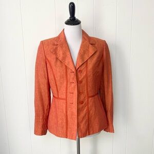 Le Suit Blazer Jacket Peplum Fitted Size 6P 100% Linen Orange Button Front